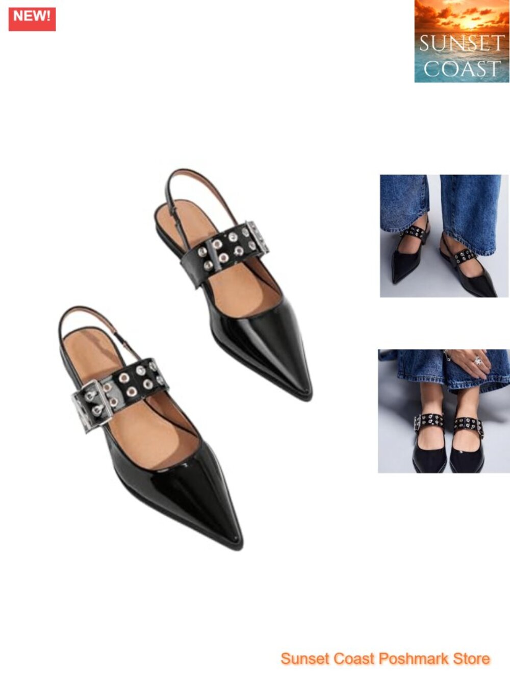 Faux Leather Buckle Strap Pointed Toe Slingback Flat Shoes Women's